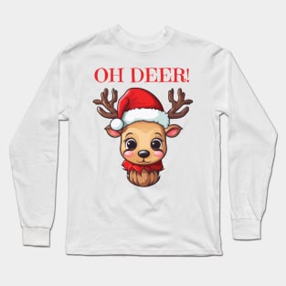 Cute Christmas deer with Santa hat Long Sleeve T-Shirt